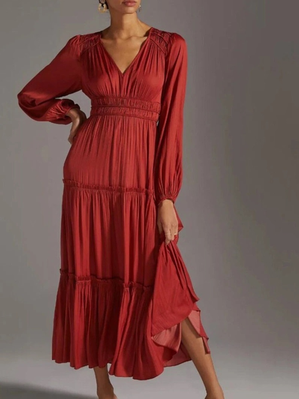 Anthropologie Rust Red V-Neck Long Sleeve Tiered Midi Dress